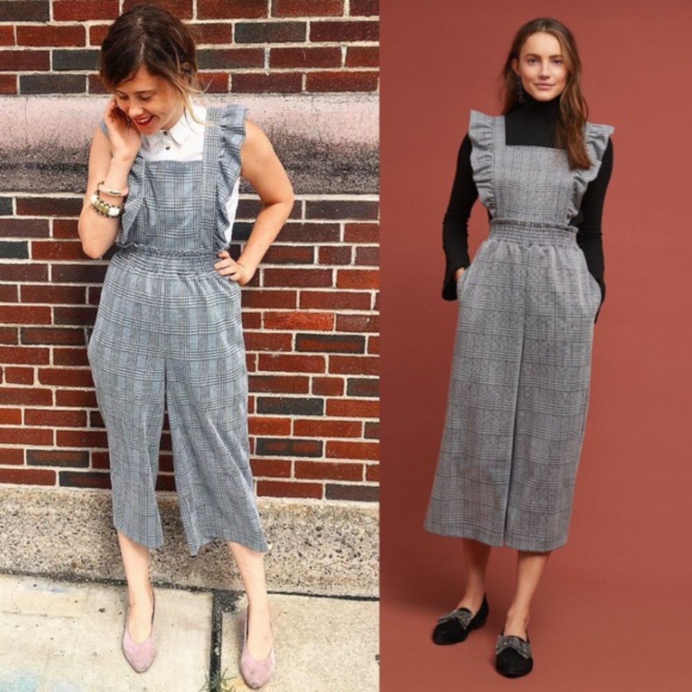 Anthropologie ruffled plaid jumpsuit